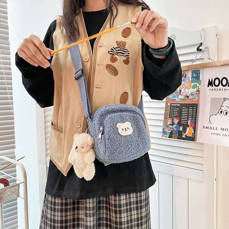 swvws  Japanese Style Imitation Lamb Hair Bag For Women  Fashion Plush Small Crossbody Bags Flap Shoulder Bag Women Phone Bag Bolsa