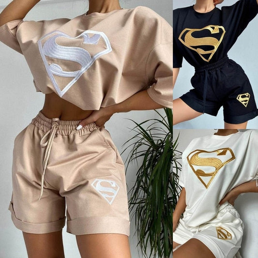 swvws Summer Fashion New Women's Printed Two-Piece Tops T-Shirt Sports And Leisure Elastic Shorts Sweater Suit Woman Clothing