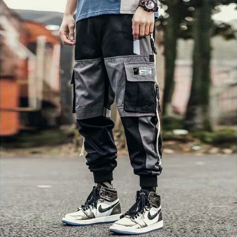 swvws Mens Vintage Hip Hop Style Baggy Jeans Joggers Cargo Pants For Men Casual Hip Hop Hit Color Pocket Male Trousers Sweatpants Streetwear Ribbons Techwear Pants