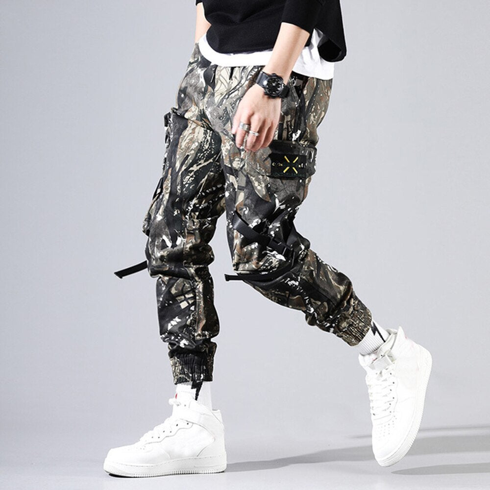 swvws Mens Vintage Hip Hop Style Baggy Jeans Men's Side Pockets Cargo Harem Pants Ribbons Black Hip Hop Casual Male Joggers Trousers Fashion Casual Streetwear Pants 5XL