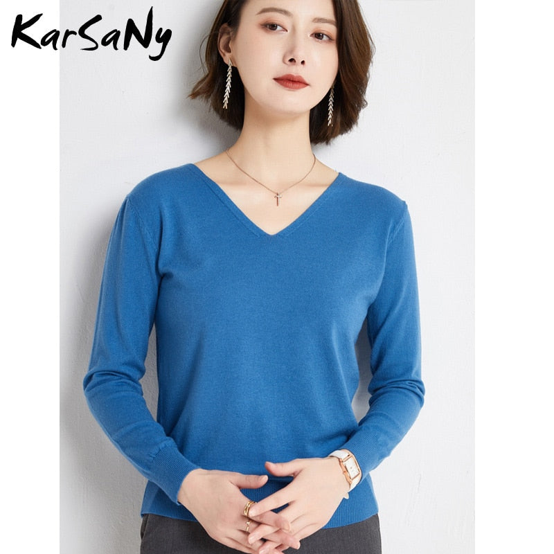 Back To School V Neck Sweater Pullover Winter Women  Solid Pulls Slim Knitted Top Basic Women's Sweaters Autumn Women Cashmere Jumper Woman