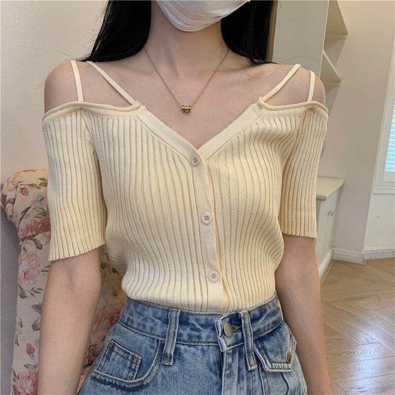 swvws Summer Off Shoulder V Neck Kintted Woman Tshirts Korean Fashion Black Thin Soild Basic Women's T-Shirt Short Tee Shirt Femme Top