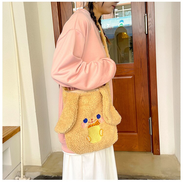 swvws  Winter Soft Plush Bag Women Imitation Lamb Wool Crossbody Bags Bunny Ears Shoulder Bag Kawaii Cross Body Bags Women Bolsa Bags