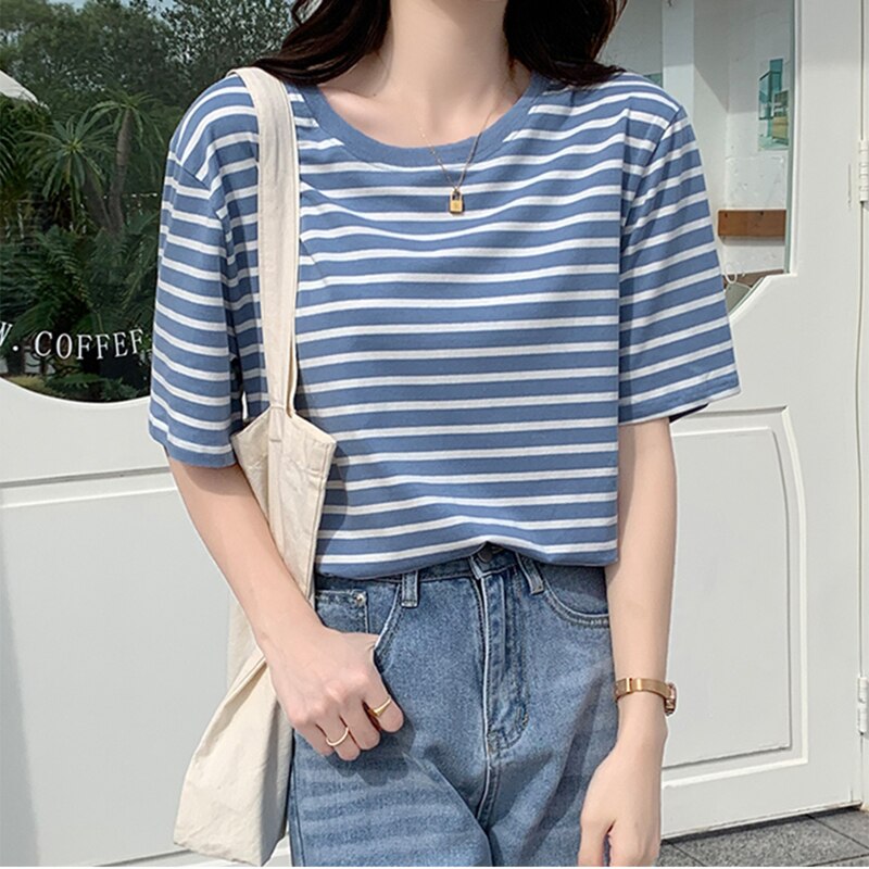 swvws Cotton T Shirt Women  Summer Striped Tshirts For Women Clothing Casual Basic Women's T-Shirt Loose T-Shirts Tee Tops Tshirt