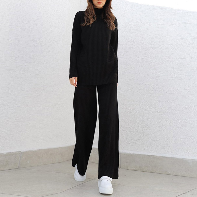 swvws Back To School Women Knitted Outfits Two Piece Set Solid Casual Pullover Tops Hight Waist Long Pants Suit Autumn Winter Oversized Sweater Suits