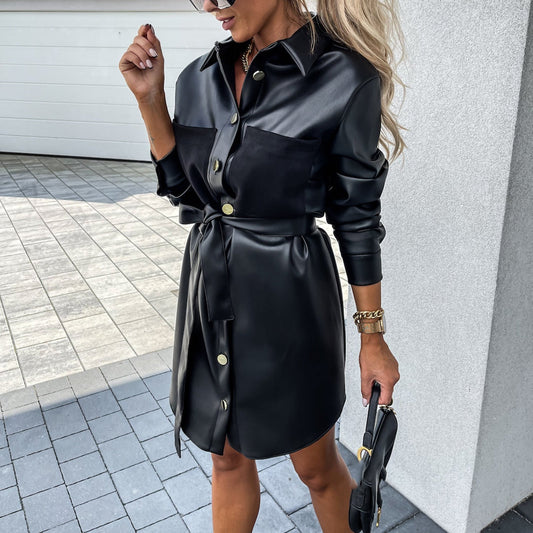 swvws   PU Leather Jacket  New Autumn Women Clothing Loose Belt Faux Leather Windbreaker With Trench Coat Slim  Black