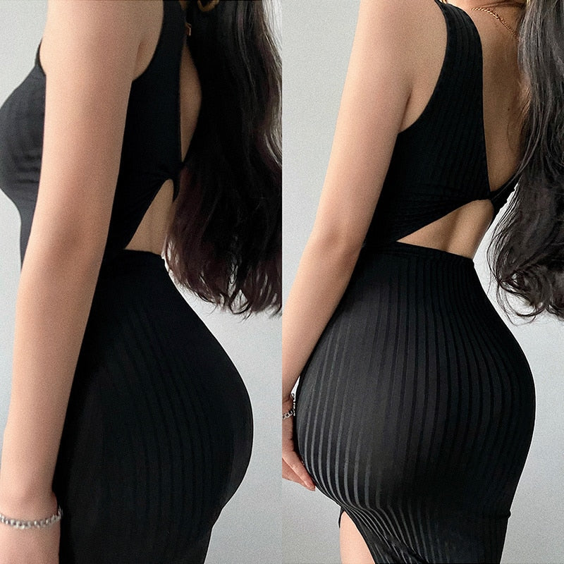 swvws Sexy Tight Slim Backless Hollow Out Sleeve Less Split Long Skinny Hip Maxi Dress Hot Sexy Boho Dresses Tank Vest ATC5