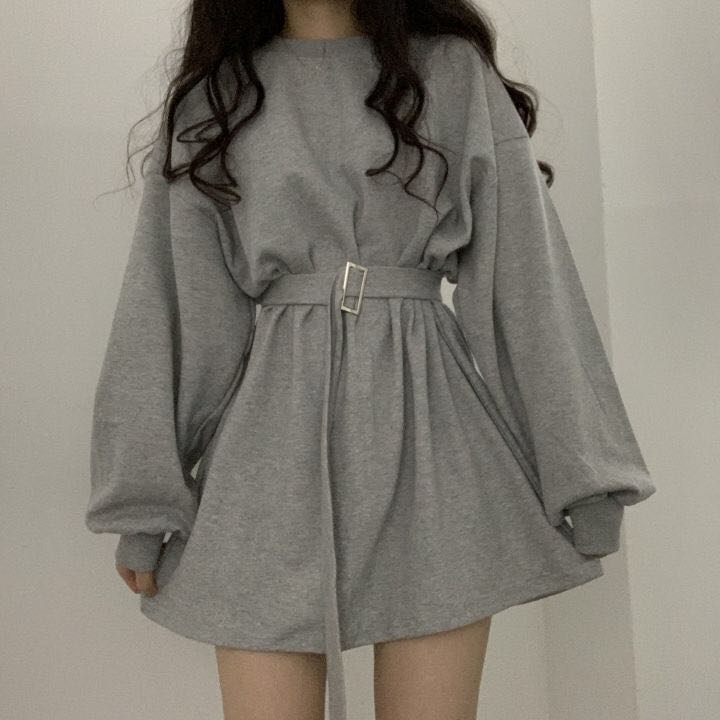 swvws Gothic Girls Punk Mini Dresses Women Belt Gray Black Long Sleeve High Waist Dress Streetwear Modis Party Outfits Hip Hop Clothes