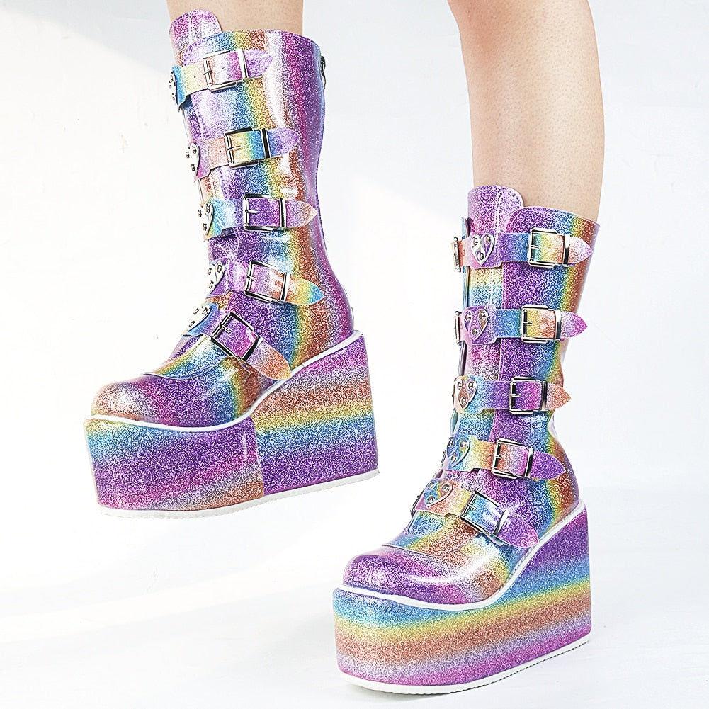 swvws Platform Wedges Combat Women Boots Sequins Sequin Glitter Zipper Punk Cool Motorcycle Ladies Shoes