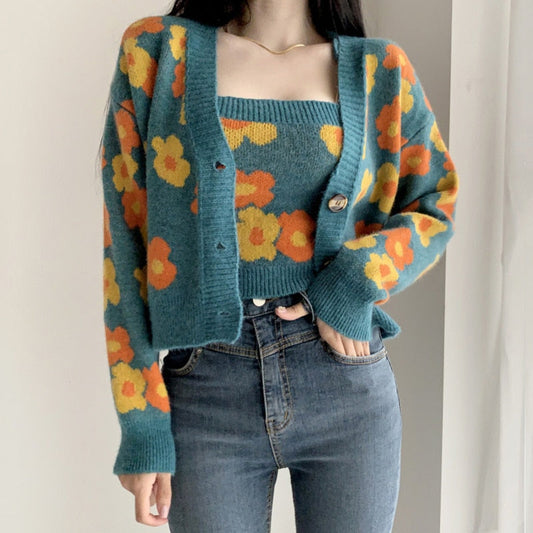 swvws Flower Print Cropped Cardigan Women Korean Fashion Casual Blue Sweater Single-Breasted Long Sleeven Tops + Knit Vest 2 Pcs Set