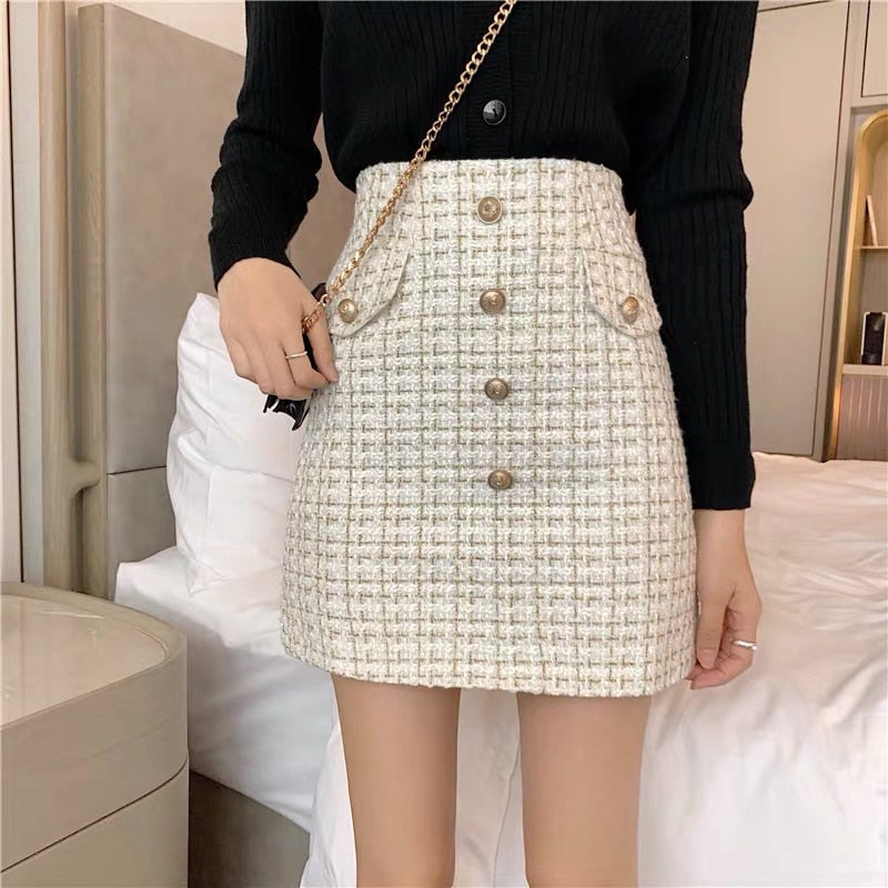 swvws Plaid Tweed Skirts Office Lady High Waist Mini Skirt Woolen Clubwear Vintage Buttons Black White Zipper Shorts Skirt