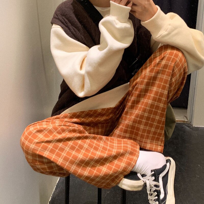 swvws Harajuku Plaid Pants Women Wide Leg Long Straight Trousers Korean Style High Waist Checkered Thin Trousers Streetwear Pants