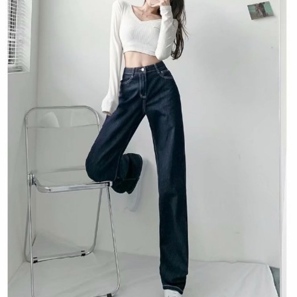 swvws Women Pant Woman Jeans High Waist Denim Pants Wide Leg Denim Clothing Blue Jeans Vintage Quality  Fashion Straight Pants