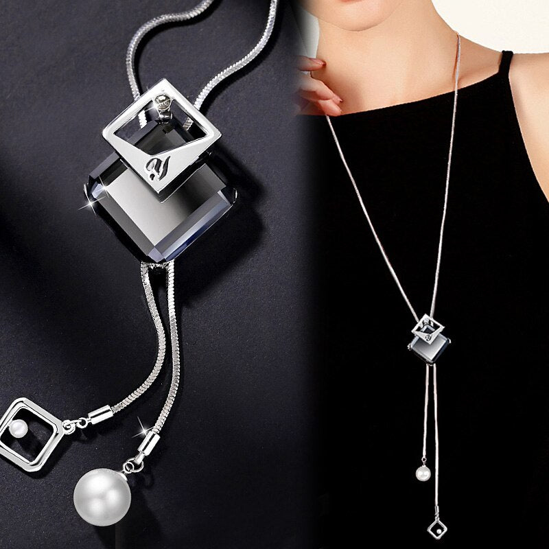 swvws Fashion Long Chain Sweater Necklaces & Pendants for Women Blue Opal Rhinestone Flower Pendant Necklace Female Jewelry