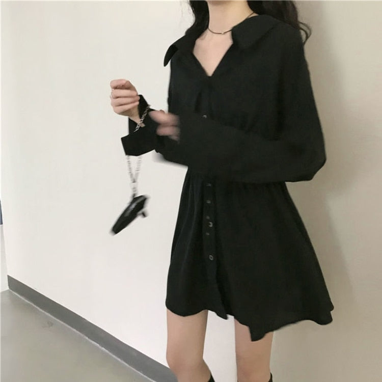 swvws Goth Long Sleeve Dress Women Plus Size Harajuku Punk Black Mini Dresses Autumn Lace Up High Waist A-Line Vintage Gothic Clothes