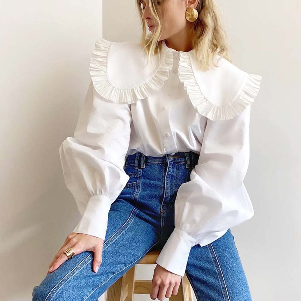 swvws Blouses Women Peter Pan Collar Ruffle Shirts Long Sleeve White Cotton Casual Simple Tops Female Spring Summer Frill Shirt