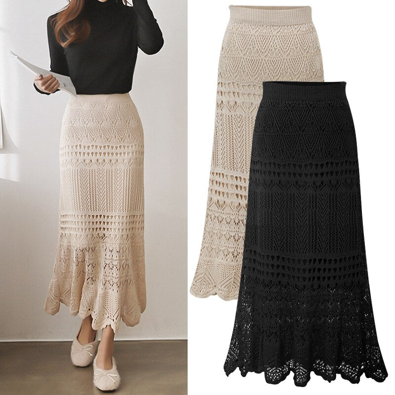 swvws   Korean  New Women Knitting Long Skirts High Waist Flower Hollow Knitted Female Classic Loose Large Long Skirt