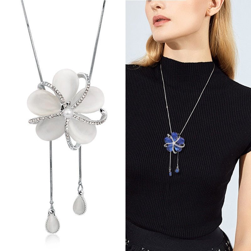 swvws Sunflower Crystal Pendant Necklace Women Fashion Blue White Rhinestone Long Chain Necklaces & Pendants Jewelry