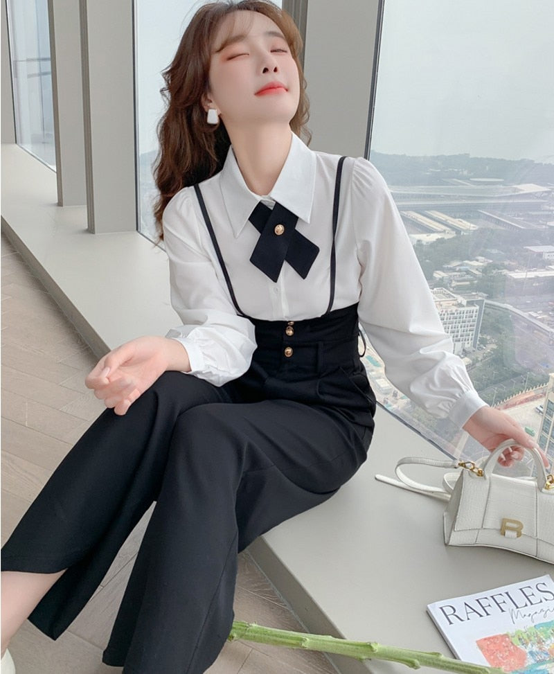 swvws  Spring Fashion Elegant Women Two Piece Suits Long  Sleeve Shirts Tops+Long Wide Leg Pants Trousers Sets