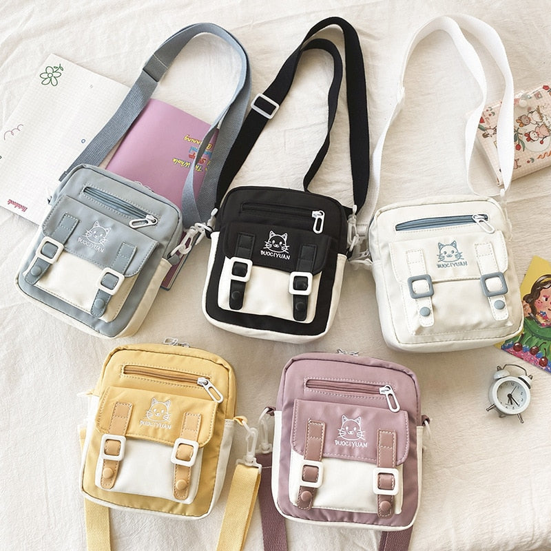 swvws  Japanese Kawaii Bag Girls Small Crossbody Bags For Women Cat Embroidery Nylon Bag Mini Shoulder Bag Mobile Phone Bag Purses