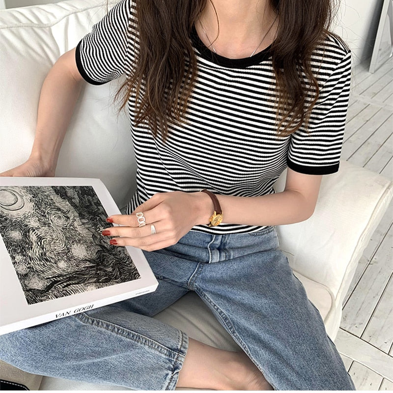 swvws Striped Vintage Short Sleeve T Shirt Women  Summer Korean Fashion T-Shir Soft Tops Tshirts Casual O Neck Tee Shirt Female