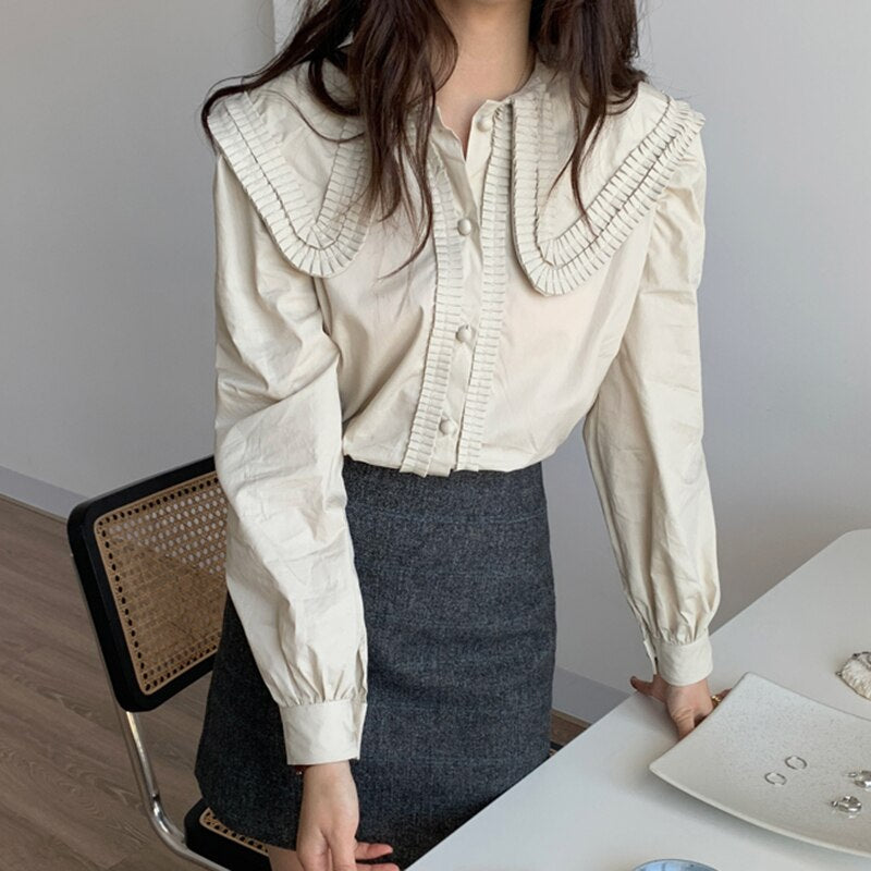 swvws Vintage Puff Long Sleeve Women's White Shirt Turn-Down Collar Loose Woman Blouses Tops Spring New OL Office Shirt Blusas 13792