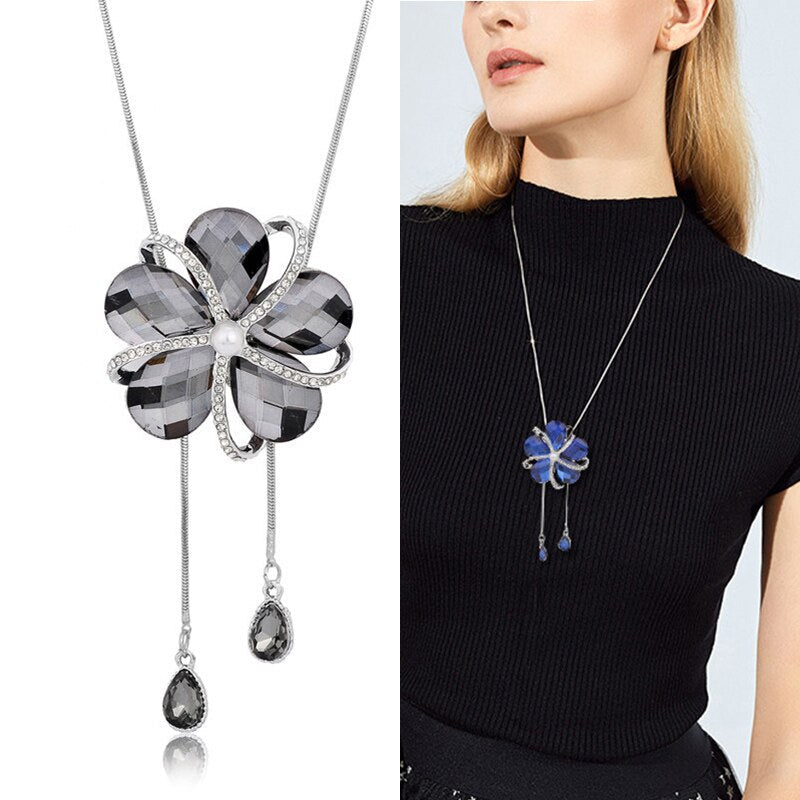 swvws Sunflower Crystal Pendant Necklace Women Fashion Blue White Rhinestone Long Chain Necklaces & Pendants Jewelry