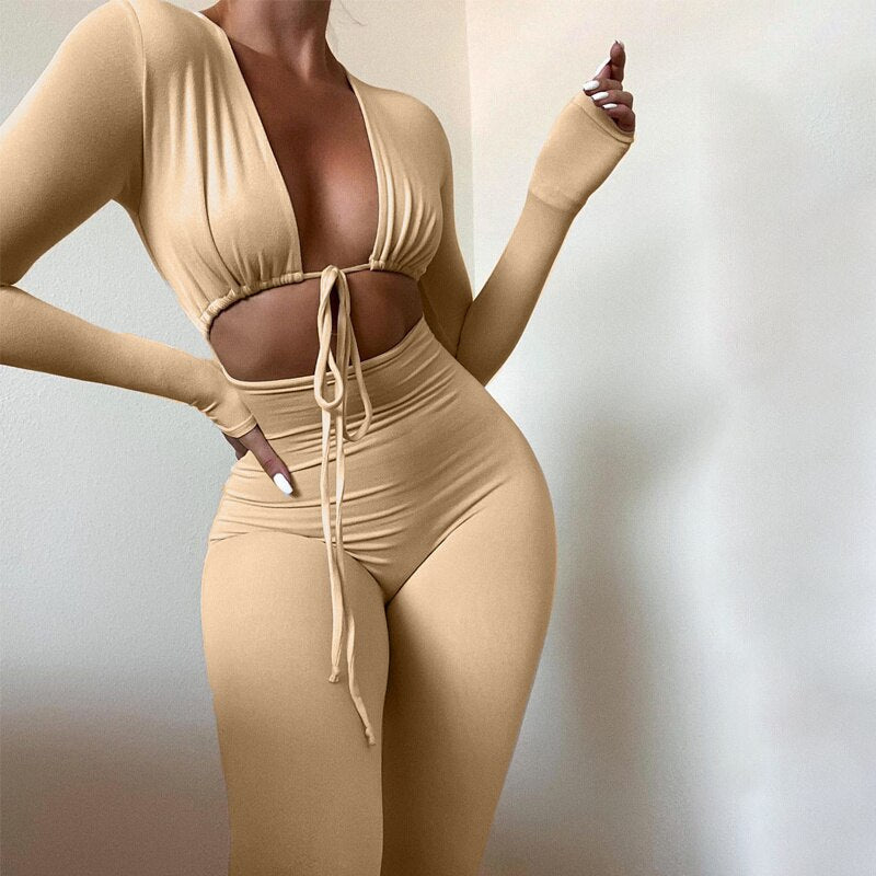 swvws Long Sleeve  Bodysuit Women Jumpsuits Solid Color Female Deep V-Neck Tied Up Rompers Fitness Front Hollow Out Long Pants