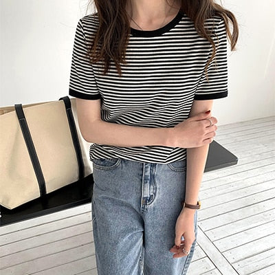 swvws Striped Vintage Short Sleeve T Shirt Women  Summer Korean Fashion T-Shir Soft Tops Tshirts Casual O Neck Tee Shirt Female