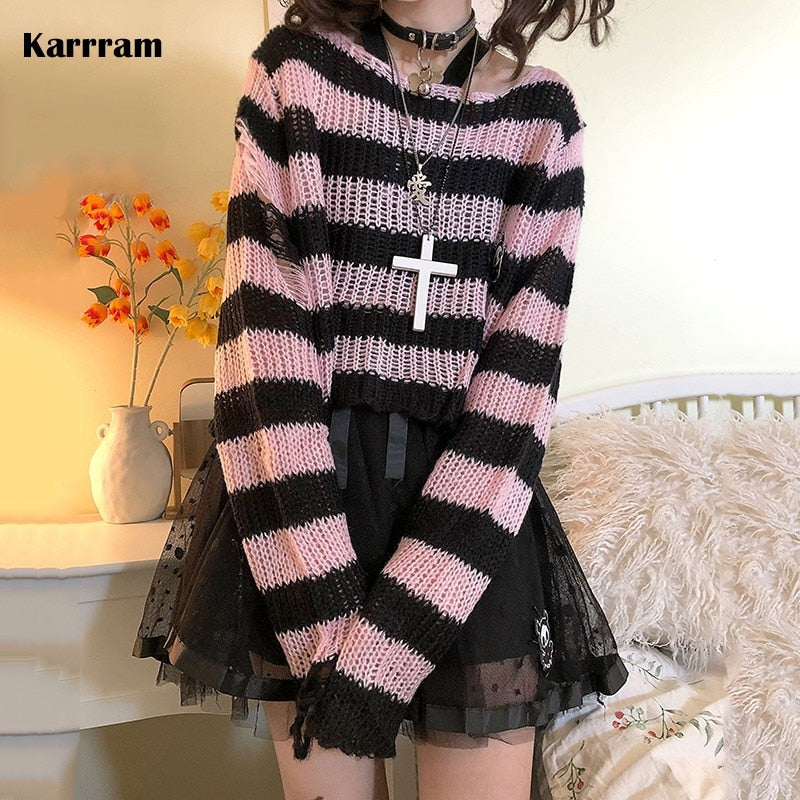 swvws Pink Striped Gothic Sweaters Women Ripped Holes Loose Knitted Pullover Frayed Fairy Grunge Jumpers Emo Streetwear Lolita