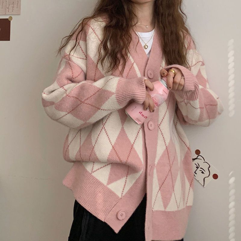 swvws Cardigan Women Winter Chic Sweater Jacket Girl Knitted Argyle Coat Loose All Match Student Korean Knitwear Pink Tops Sweat Femme