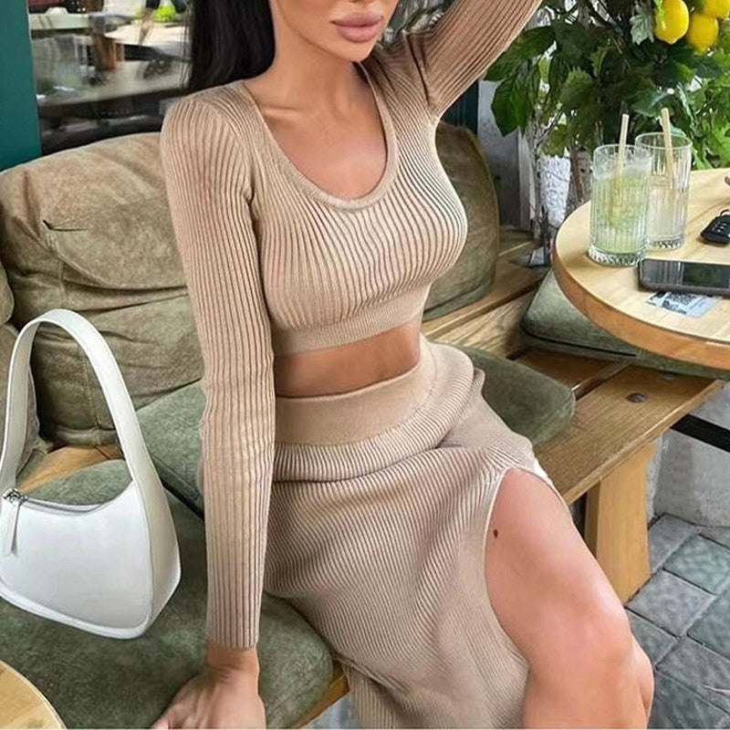 swvws Knit Women's Turtleneck Sweater Midi Skirt Set  Winter Loose Long Sleeve Pullovers Side Split Skirts Sets Ladies Sexy Suit