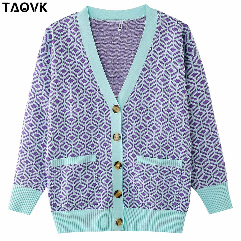 swvws Women's Knitted Sweater Diamond Pattern Single-Breasted Buttons Loose Casual Knit Cardigan Sweater