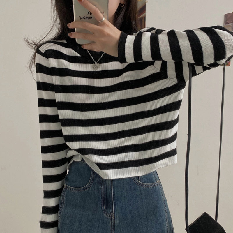 swvws PEONFLY Korean Striped Sweater Women Fashion Basic Casual  Autumn Female Kintted Pullovers Long Sleeve College Wind Jumper