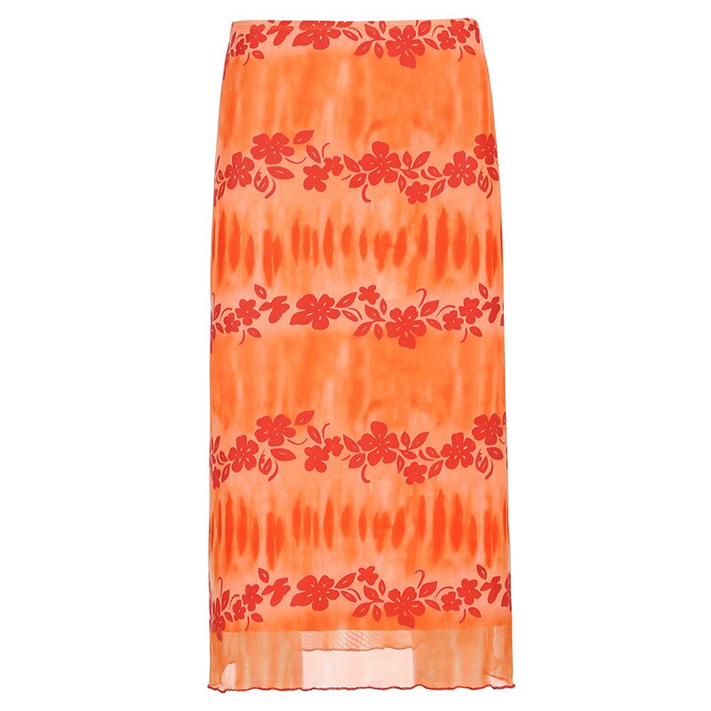 swvws   New Floral Printed Skirts Y2k Orange Fairy Grunge Long Skirts Women Vintage Cute Skirts  Summer Skirts Fashion Holiday Skirt