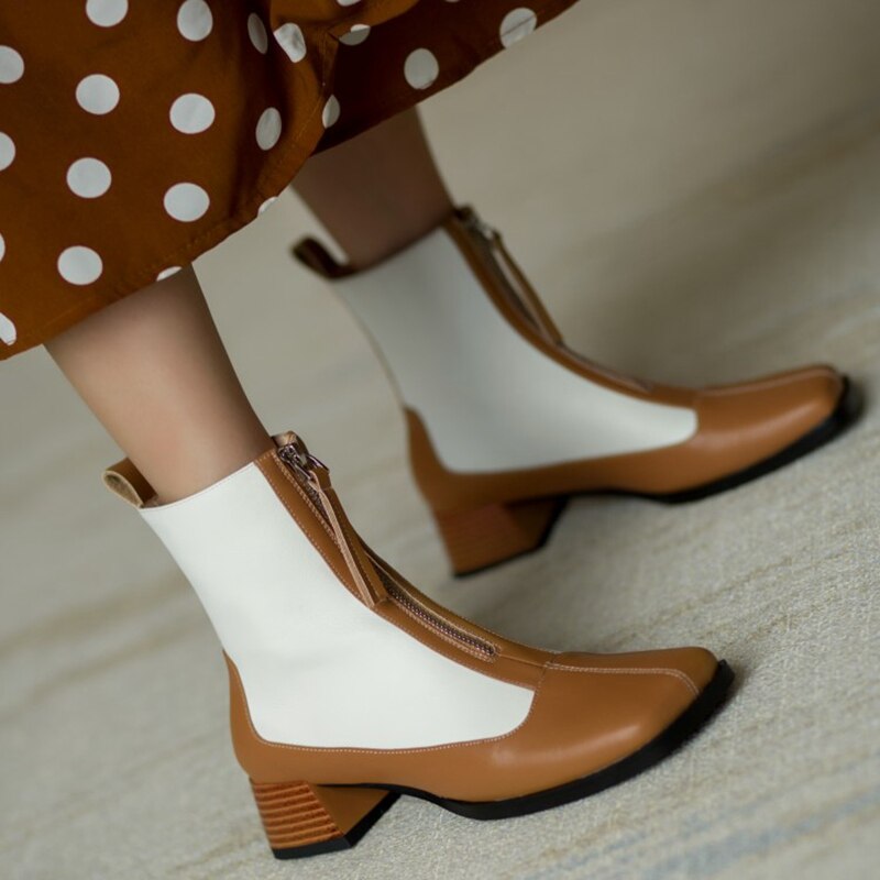 swvws  fashion inspo   New Fall Shoes Women Square Toe Chunky Heel Boots Women Genuine Leather Mixed Colors Women Boots Fashion Boots Black Women Shoes