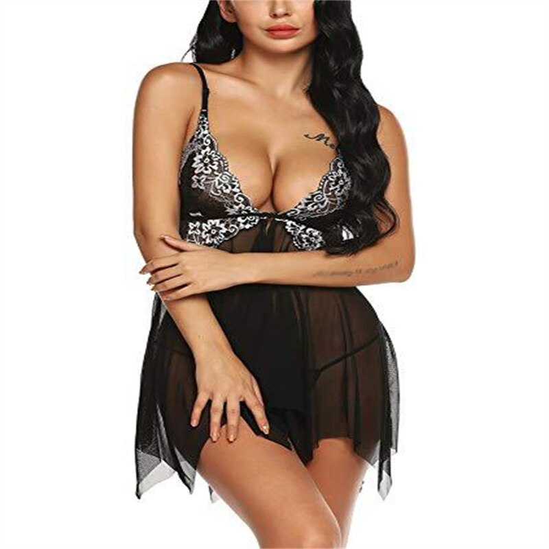 swvws Sexy Lingerie Women Front Closure Babydoll Lace V Neck Mesh Sleepwear Lingerie Women Sleepwear Hot Lingerie Porno Nightdress