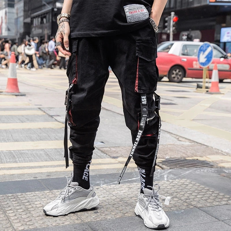 swvws Mens Vintage Hip Hop Style Baggy Jeans Joggers Cargo Pants For Men Casual Hip Hop Hit Color Pocket Male Trousers Sweatpants Streetwear Ribbons Techwear Pants