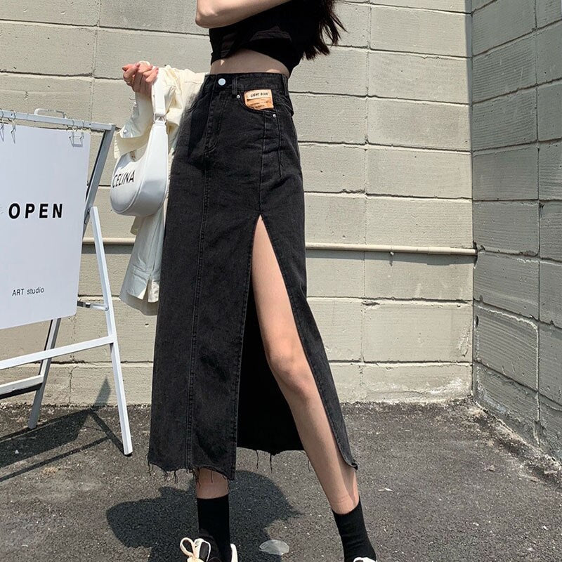 swvws Hem Single Slits Zipper A-Line High Waist Side Slit Denim Casual Long Skirt Female Summer  New Thin Girl Bag Hip Ins Tide