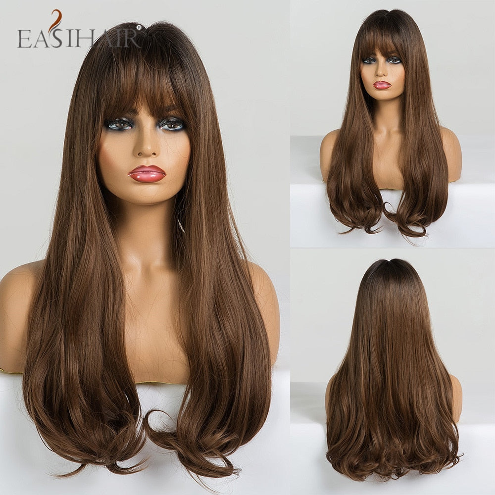 swvws  Long Black Wigs Cosplay Body Wave Synthetic Wigs With Bangs For White/Black Women Brazilian American Natural Hair