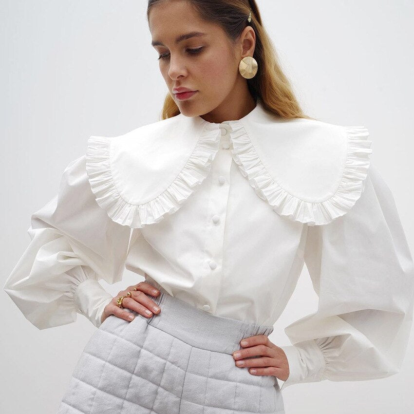 swvws Blouses Women Peter Pan Collar Ruffle Shirts Long Sleeve White Cotton Casual Simple Tops Female Spring Summer Frill Shirt