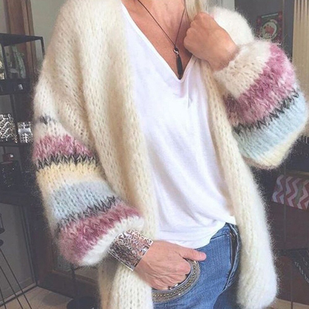 swvws Striped Long Lantern Sleeve Mohair Sweater Autumn Mohair Cardigan Womens Sweaters Candy Color Sweater Knit Cardigan Coat