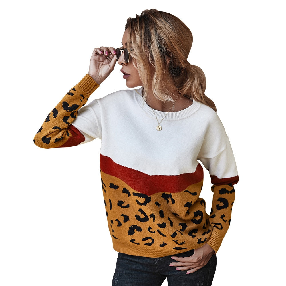 swvws Ladies Leopard Patchwork Autumn Winter Sweater Women Tops Full Sleeve Knitted Jumper Pullovers Sweaters Female Pull Knitwear