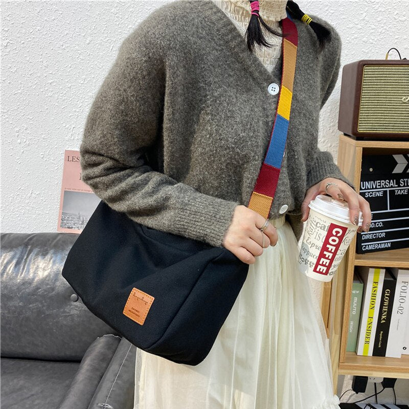 swvws  Large-capacity Canvas Bag For Women Simple Shoulder Bag Casual Crossbody Bags Women Colorful Strap Big Bag Women Bolsa Feminina