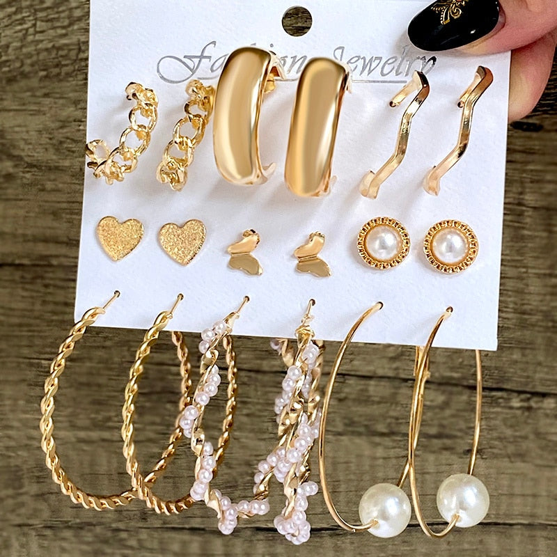 swvws Fashion Pearl Hoop Earring Set For Women Jewelry Vintage Big Geometric Circle Piercing Earings Punk Gold Metal Jewelry Dropship