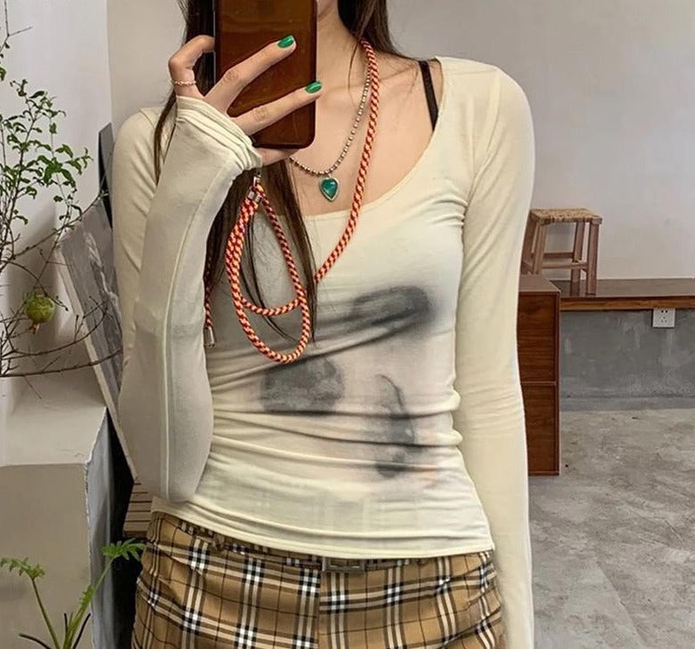 swvws Korean Style Mesh Top Women Tie Dye Printed See Through T Shirt Sexy Slim Translucent Sheer Tops Grunge Tshirts Japanese