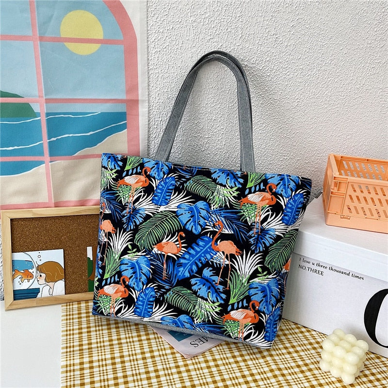 swvws Fashion Folding Women Big Size Handbag Tote Ladies Casual Flower Printing Canvas Graffiti Shoulder Bag Beach Bolsa Feminina