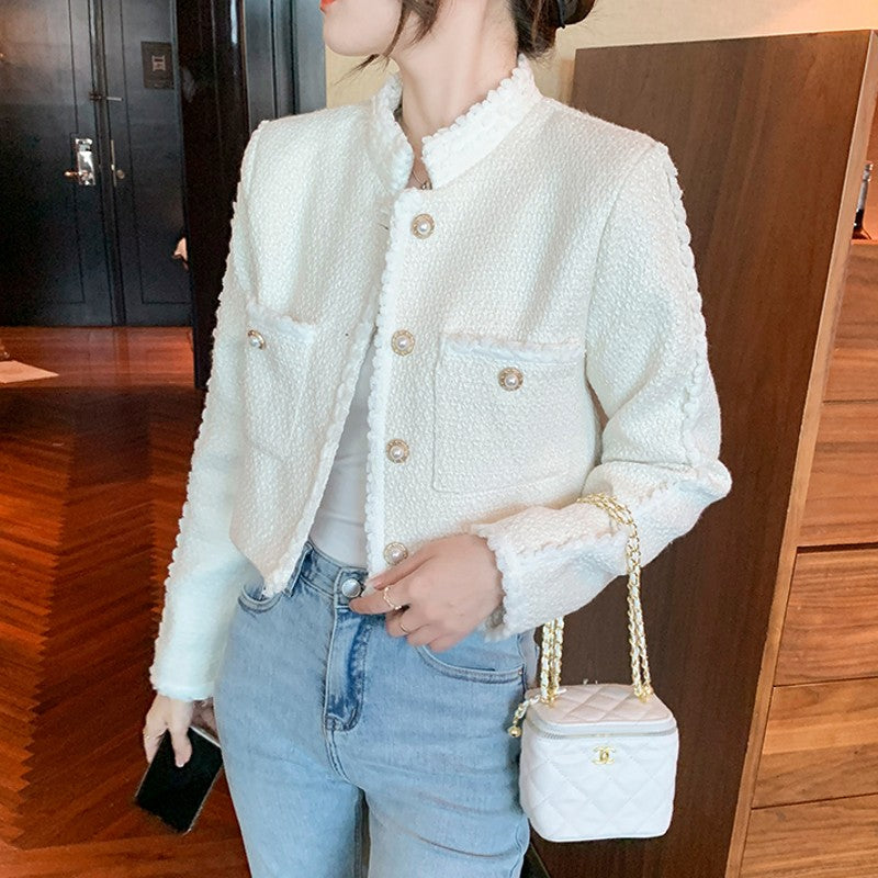 swvws  Autumn New Women High Quality  Single-Breasted Tweed  Stand Collar Long Sleeve  Jacket