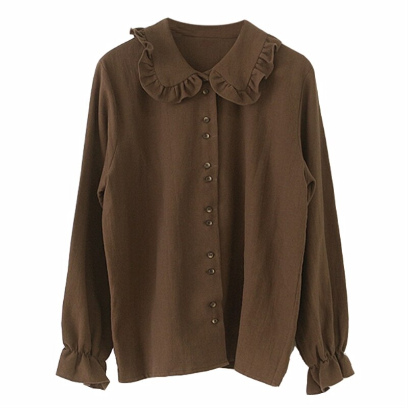 swvws Shirts Blouses Women Fashion Design Girl Preppy Style Flare Sleeve Tops Crew Neck Solid Shirt Autumn Spring Brown Button Coats