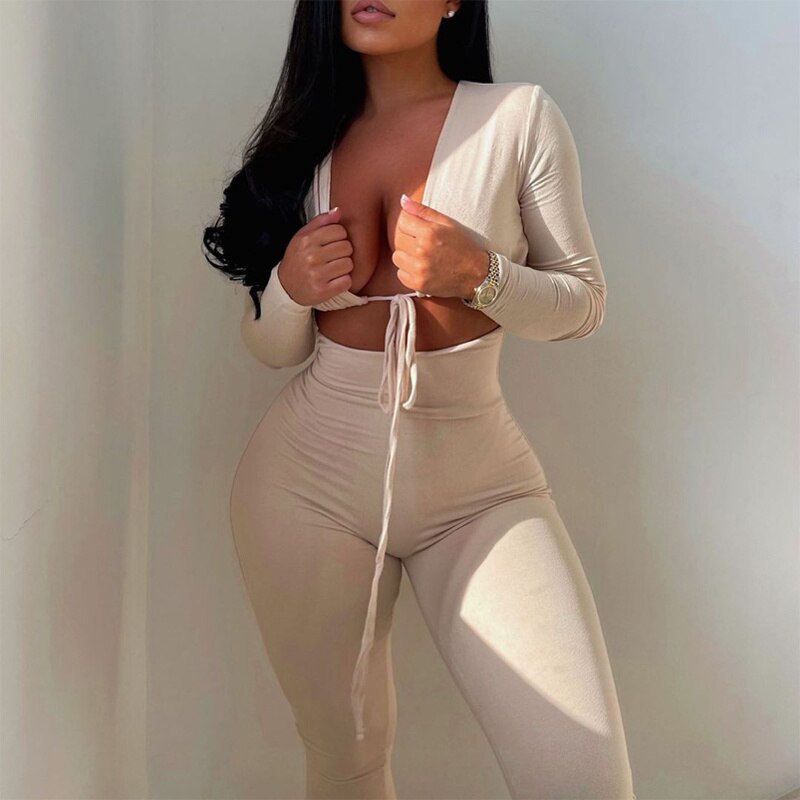 swvws Long Sleeve  Bodysuit Women Jumpsuits Solid Color Female Deep V-Neck Tied Up Rompers Fitness Front Hollow Out Long Pants